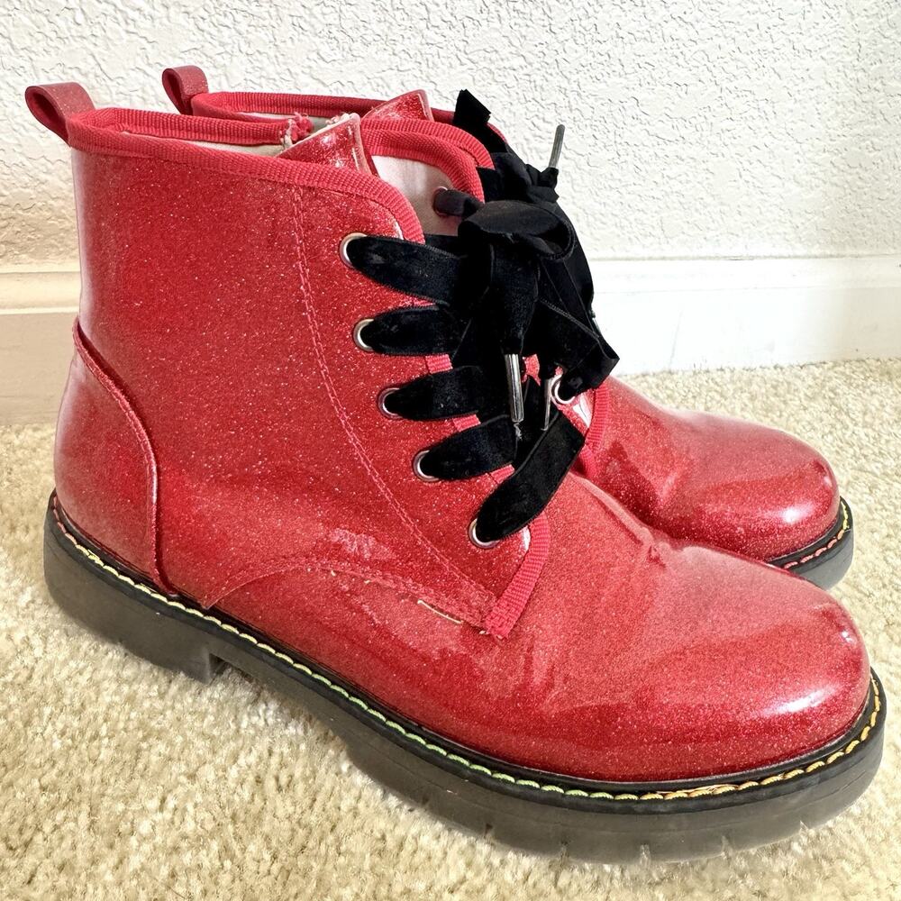 Dream Pairs Girls Size 6 Red Glitter Combat Boots Velvet Laces Side Zip Sparkle